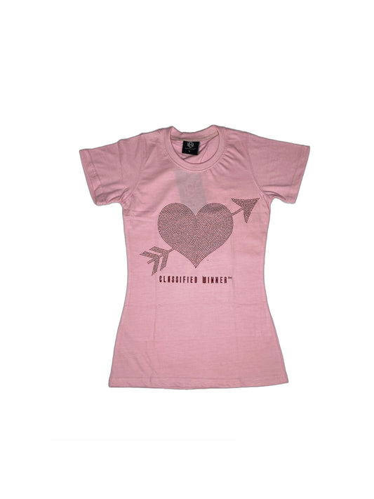 Women’s Cherry Red Heart Rhinestone Pink T-Shirt